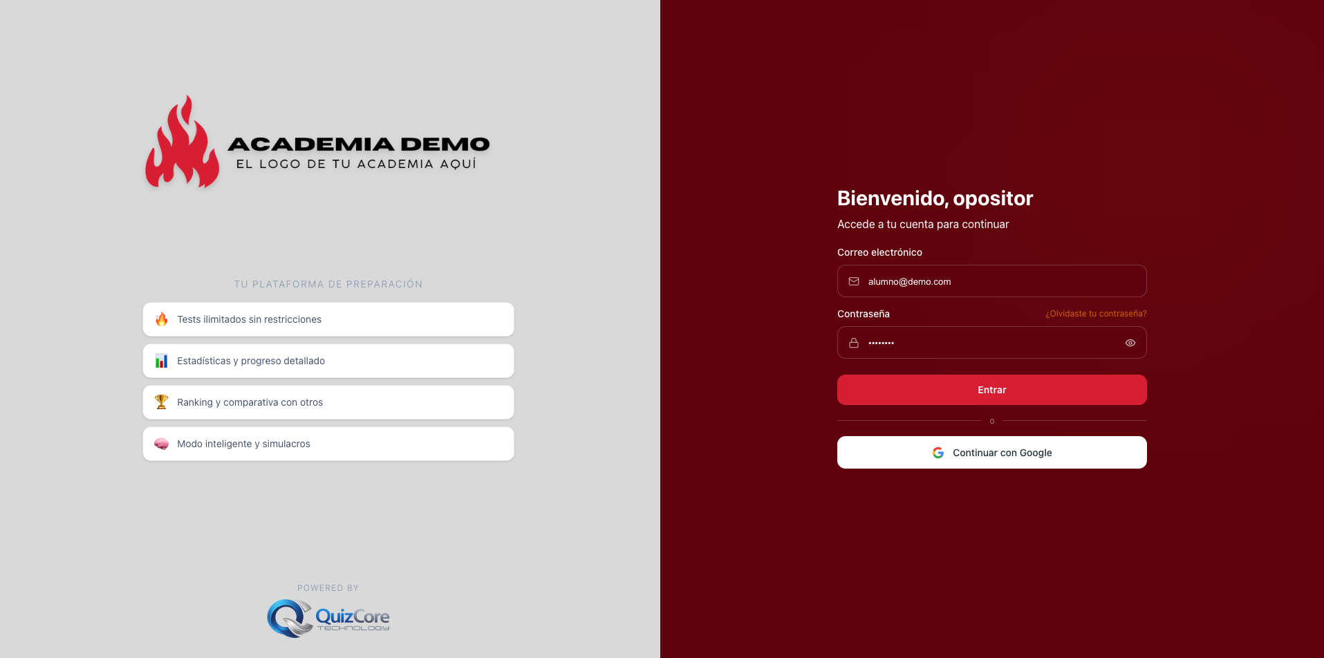 Pantalla de acceso de la plataforma del alumno personalizada con tu marca